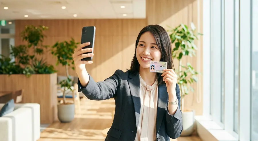 女生拿著手機與驗證卡自拍認證