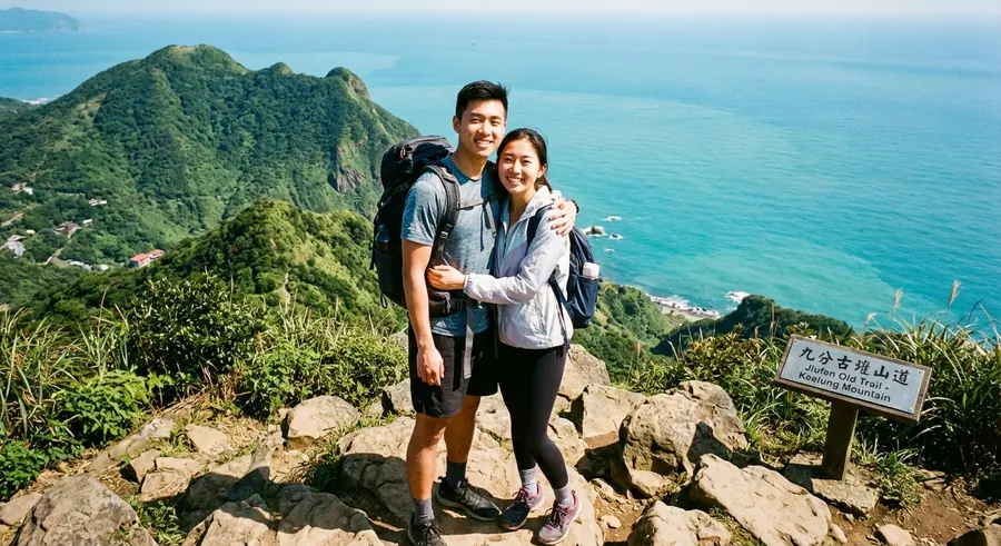 一起登山看海的情侶